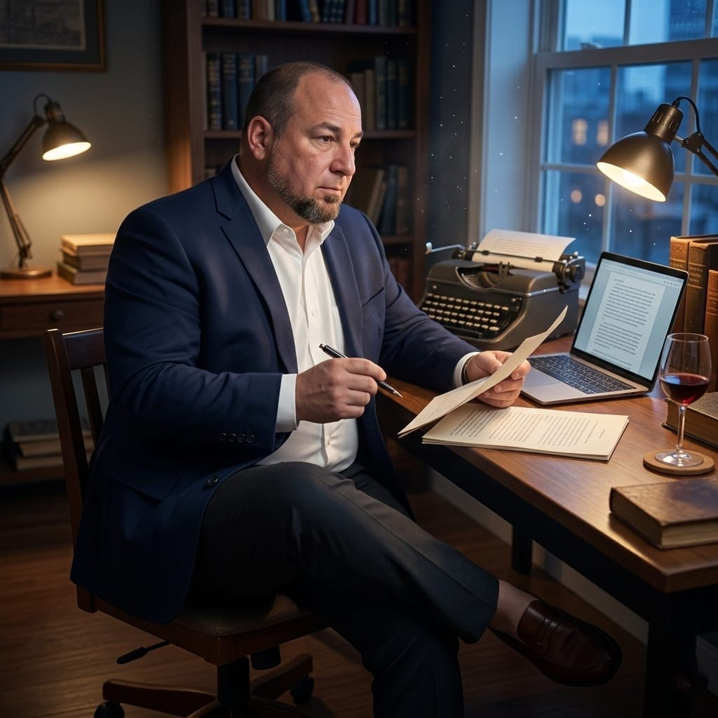 Sebastián Fuego en su escritorio con máquina de escribir